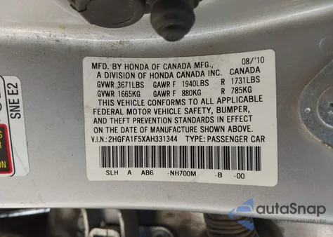 2010 Honda Civic Lx z USA, uszkodzony, nr VIN 2HGFA1F5XAH331344